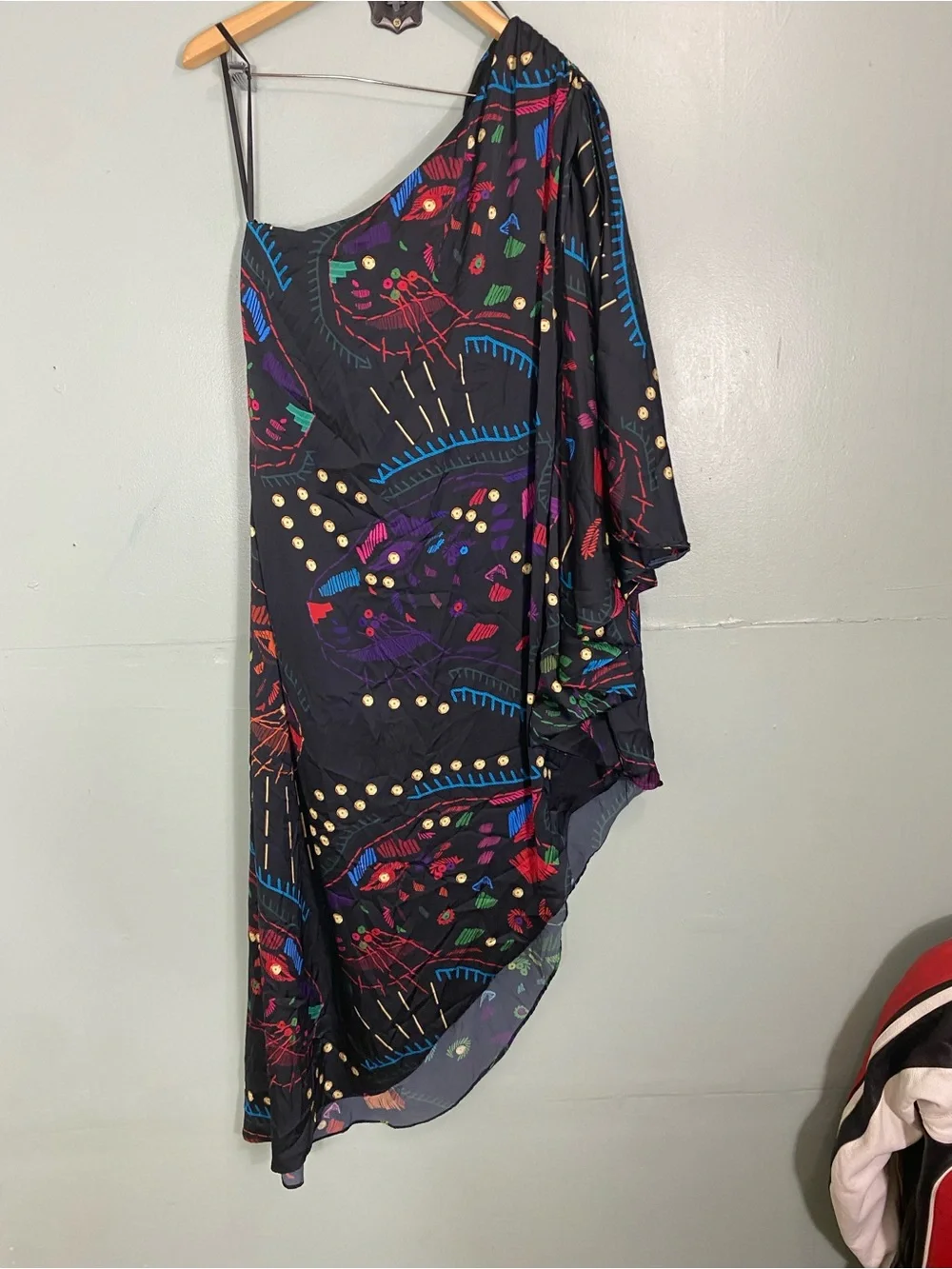 Hutch Printed One Shoulder Gown Maxi Dress Black Multi Artsy Vacation XL - Picture 8 of 9